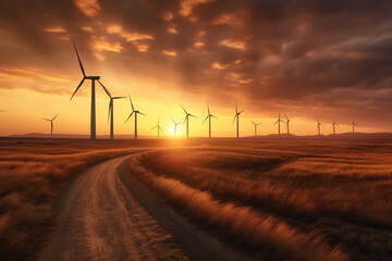 Obraz premium Wind turbine farm at sunset. Renewable eco energy concept. High quality photo