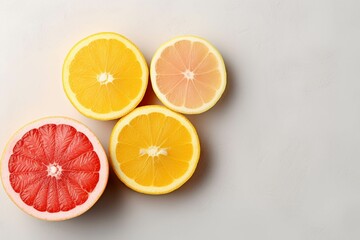 Fototapeta na wymiar Different citrus fruits on gray background, top view. Space for text
