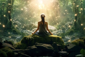 Woman in the state of meditation in magic heavenly forest with lush vegetation and trees and light rays Generative AI