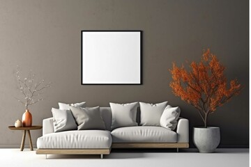 Interior of modern living room with gray walls, white sofa and mock up poster frame. 3d rendering