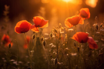 field of red poppies in the sunset light. AI Generative