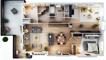Detailed illustration of a furnished lived-in single family home floor plan from above isolated on a white background Ai generated image