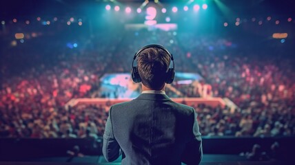 Back view of a motivational speaker performing on stage while wearing a headset. The Generative AI
