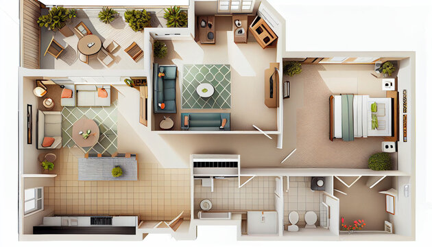 Detailed illustration of a furnished lived-in single family home floor plan from above isolated on a white background Ai generated image