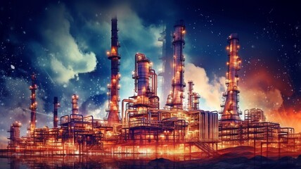 With double exposure artwork, an oil, gas, and petrochemical refinery factory demonstrates the future of power and the energy sector.The Generative AI