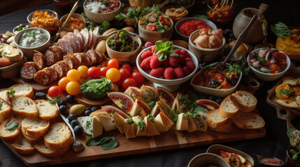 A tray of colorful and appetizing appetizers, including bruschetta, cheese skewers, and stuffed...
