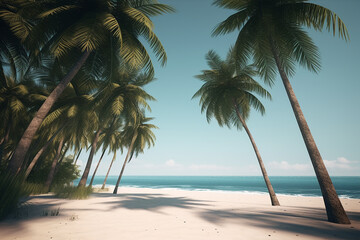Palm trees on the beach. Tropic travel background. Paradise with coconut trees generative AI technology