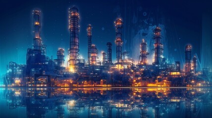 Plakat With double exposure artwork, an oil, gas, and petrochemical refinery factory demonstrates the future of power and the energy sector.The Generative AI