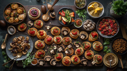 Obraz na płótnie Canvas A tray of colorful and appetizing appetizers, including bruschetta, cheese skewers, and stuffed mushrooms