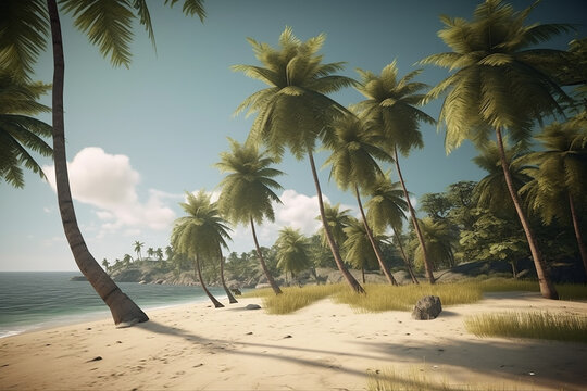 Palm trees on the beach. Tropic travel background. Paradise with coconut trees generative AI technology