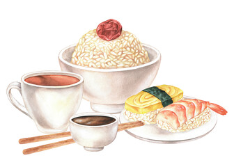 Japanese lunch. A bowl of rice with pickled plum, egg and shrimp sushi, tea, chopsticks and soy sauce. Watercolor illustration. Clip art isolated on a white background. Hand drawn food