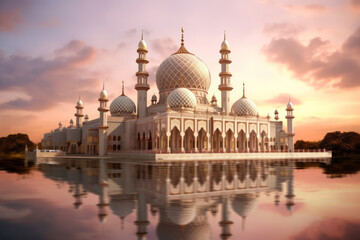 Obraz premium Exterior of a beautiful ornate muslim religious mosque at sunset. Generative ai