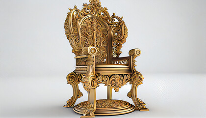 Detailed illustration of an ornate elaborate decorative golden throne for a king, queen or royalty isolated on a white background Ai generated image - obrazy, fototapety, plakaty