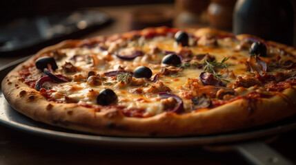 A close-up of a freshly baked pizza with bubbling cheese and a variety of toppings