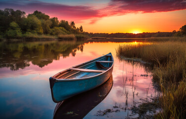 Fototapeta premium the canoe is docked during the sunset