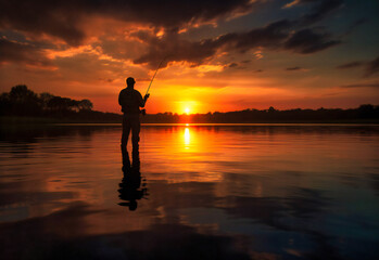 silhouette of person fishing at sunset