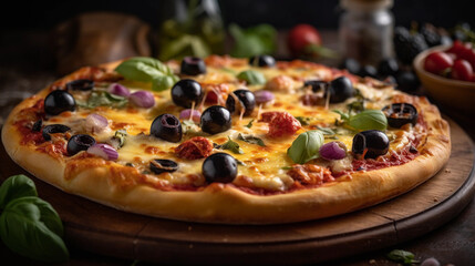 A close-up of a freshly baked pizza with bubbling cheese and a variety of toppings