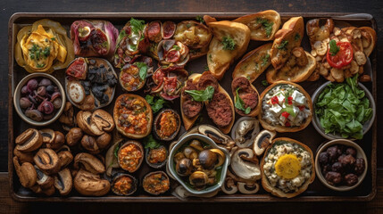 A tray of colorful and appetizing appetizers, including bruschetta, cheese skewers, and stuffed mushrooms