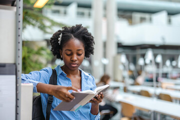 Black female student reading a book in a library
