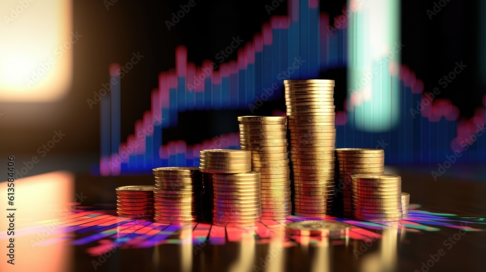 Poster rising stock graph and a stack of coins. generative ai