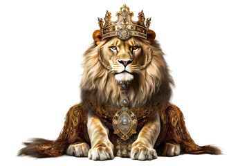 Fototapeta na wymiar The Royal King graceful lion with luxury dress costume. Close up Portrait King lion with throne and crown isolated on white background. Generative AI.