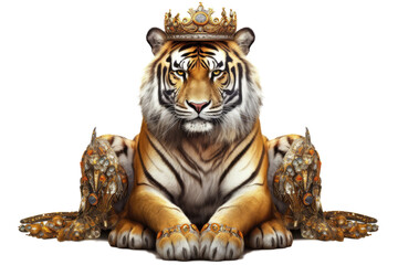 The Royal King Tiger gracefulness with luxury dress costume. Close up Portrait King Tiger with throne and crown isolated on white background. Generative AI.