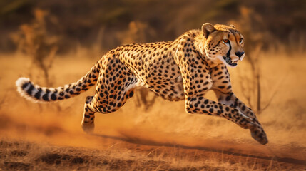 Graceful Cheetah Sprinting through the Wilderness: A magnificent cheetah in full motion, its slender body stretching as it races across the savanna, its spots blending seamlessly with the sun.