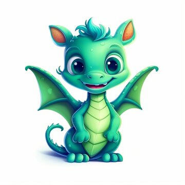 Cute green cartoon dragon isolated on white background. Generative AI technology
