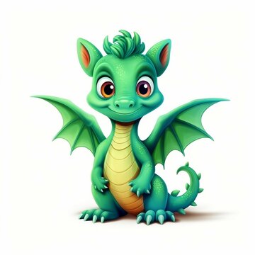 Cute green cartoon dragon isolated on white background. Symbol of 2024 new year. Generative AI technology
