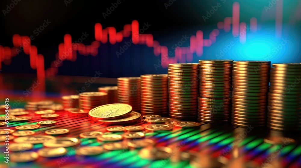 Poster rising stock graph and a stack of coins. generative ai