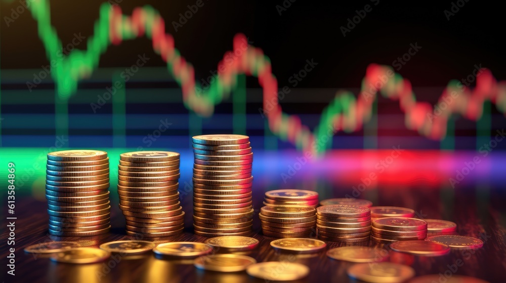 Poster rising stock graph and a stack of coins. generative ai