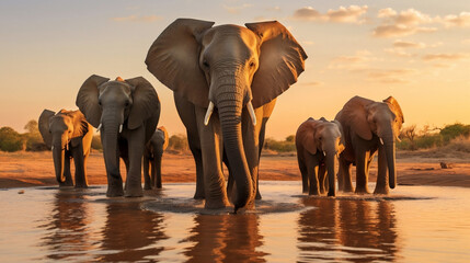 Elephant Family at the Watering in the african Savanna.