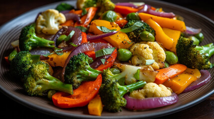A plate of vibrant vegetable stir-fry, showcasing a medley of crisp and colorful vegetables