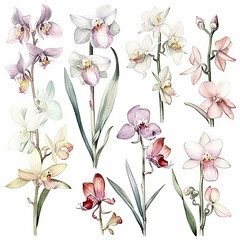 Collection of watercolor aerangis orchid