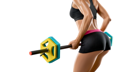 Fitness woman workout with barbell turning back  isolated transparent PNG