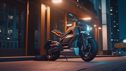 Obraz na płótnie Canvas Electric motorcycle high-speed charging station with energy battery charging cable concept on city streets.The Generative AI
