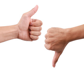 Male hand thumbs up good expression and thumbs down show the bad