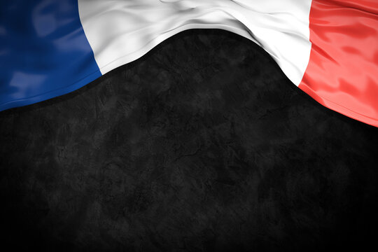 French flag on black abstract background. Plenty of space for individual text. Bastille Day. French Independence Day.