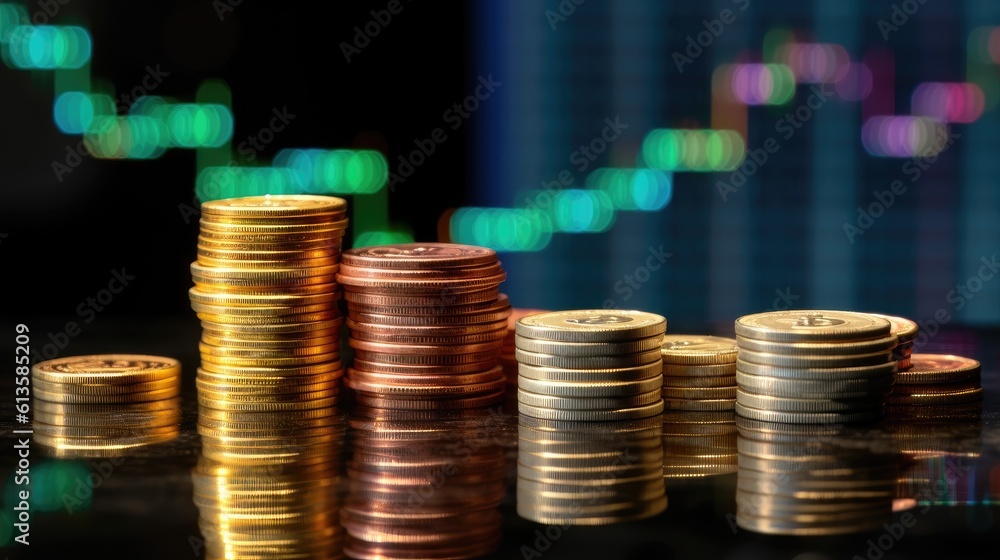 Poster rising stock graph and a stack of coins. generative ai