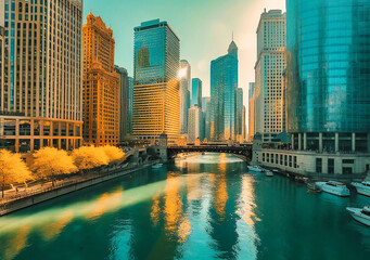 Fototapeta premium chicago river and buildings in the sky art print