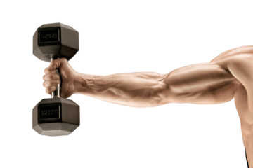 Muscular arm of a man stretched out with dumbbell