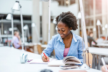 Young black woman writing in notebook in a library
