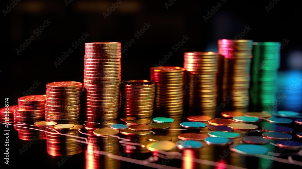 Poster rising stock graph and a stack of coins. generative ai