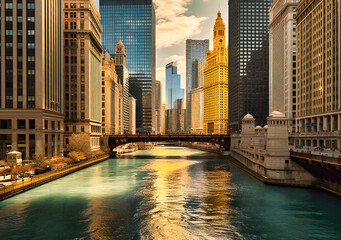 Naklejka premium chicago river and buildings in the sky art print