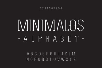 Minimalos Thin minimalist font English alphabet creative letters, numbers.Minimal modern alphabetic typography.Minimalistic technology electronic digital font.Vector illustration.Lettering Uppercase