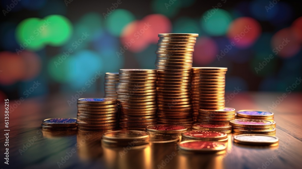 Poster rising stock graph and a stack of coins. generative ai