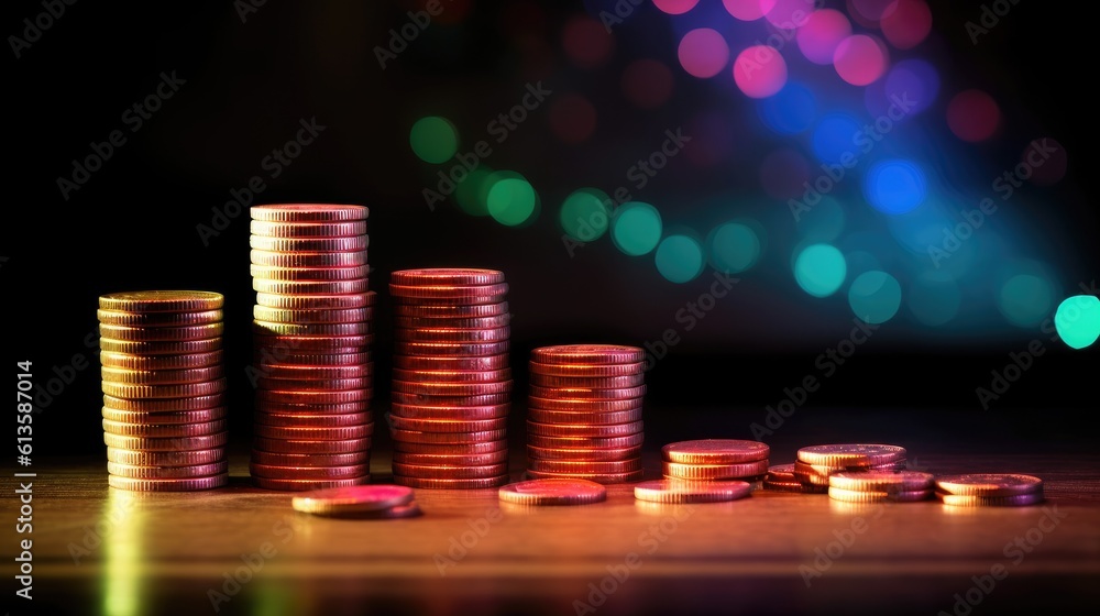 Poster rising stock graph and a stack of coins. generative ai
