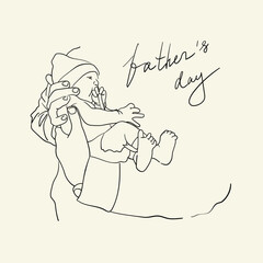Father holding a newborn baby in his arms, father's day, vector line-art illustration on a yellow background