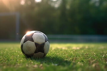 Fototapeta premium Fussball auf dem Fussballrasen bei Sonnenlicht, Hintergrund Banner, Generative AI