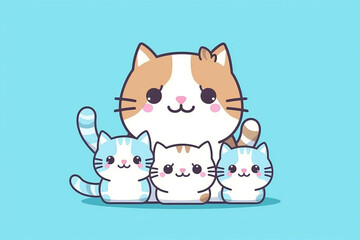 Cute cat family on blue background  flat design Generative Ai